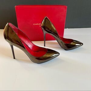 Charles Jordan Paris "Bridget" Classic Black Burgundy Iridescent Patent Pump New